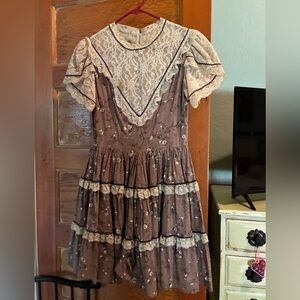 Vintage Lace Trimmed Brown Cottage Core Dress 5/6